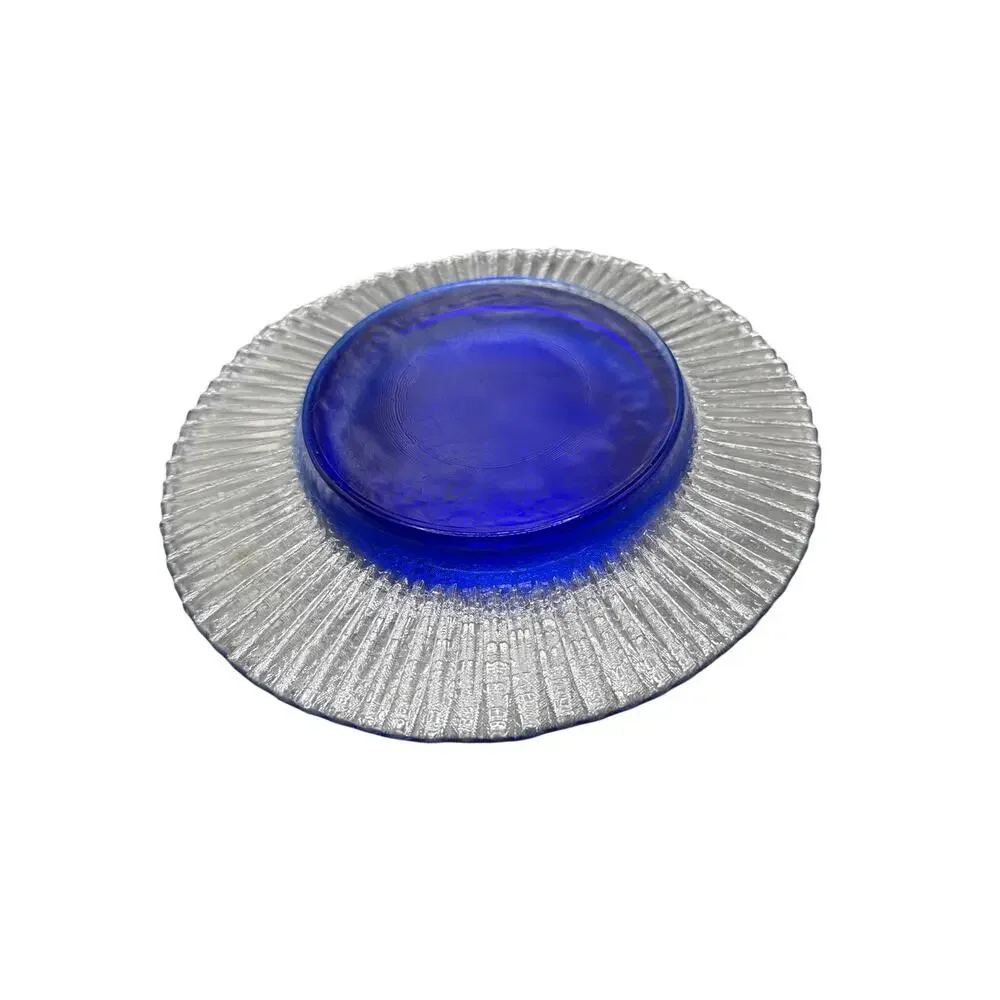 Vintage Pier 1 Cobalt Blue Center Salad Dessert Plates Clear Ribbed Rim Set of 6